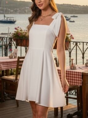 NEW Allegra K White Bow Strap Mini Dress Cottagecore Bridal Shower Graduation